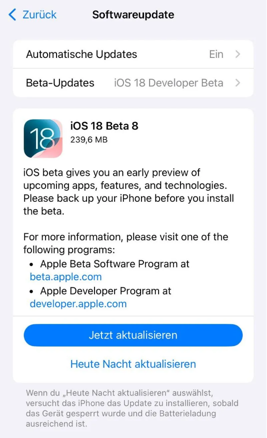 温泉苹果手机维修分享苹果 iOS / iPadOS 18 开发者预览版 Beta 8 发布 